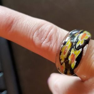 Glass ring.  Yellow and black HANDCRAFTED